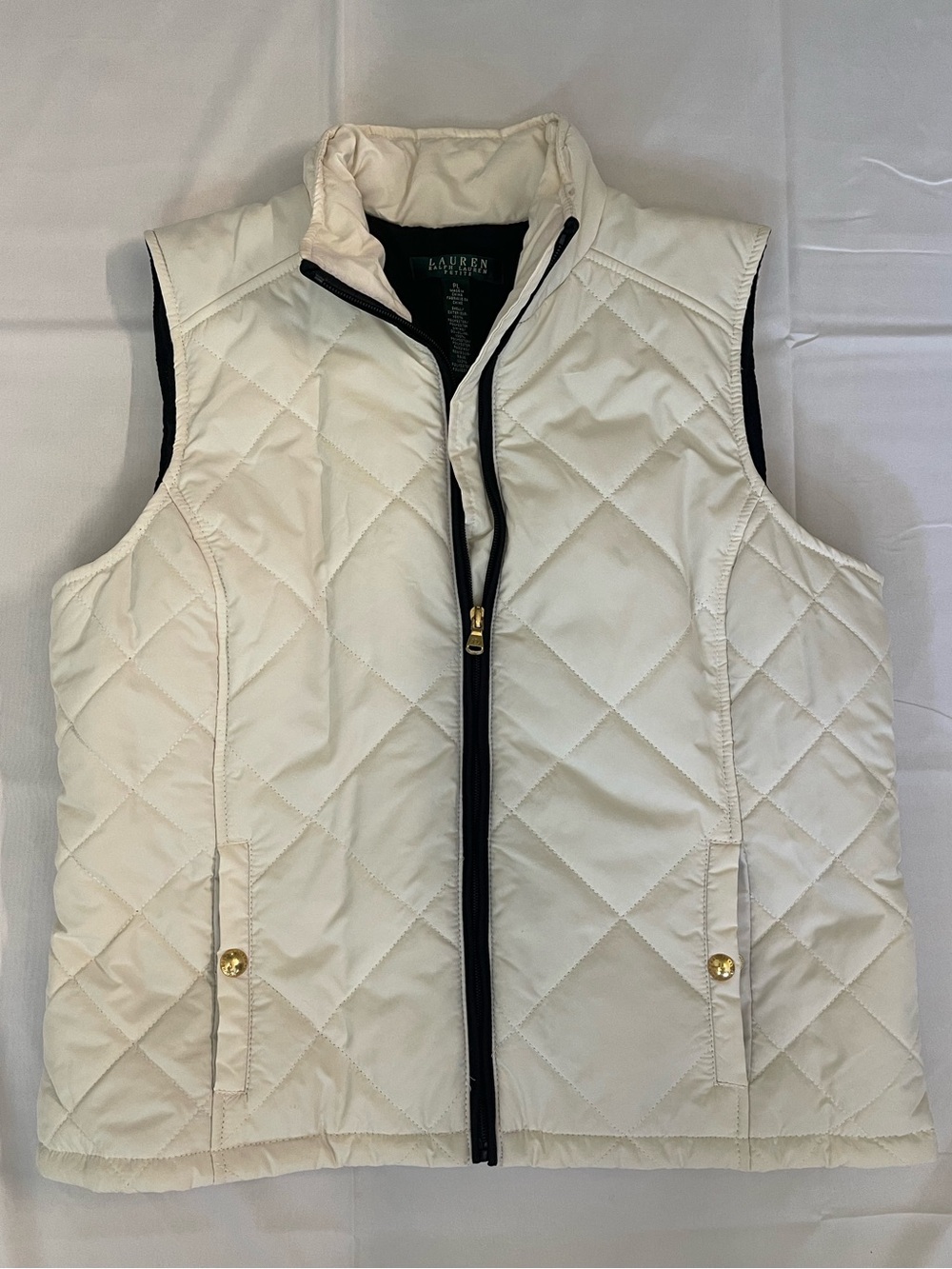 Lauren Ralph Lauren Petite Quilted Vest PL Cream Ivory Gold Hardware Full Zip